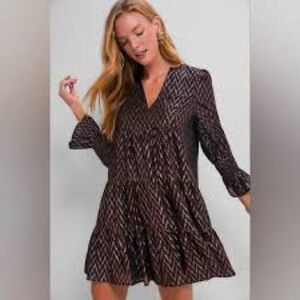 Pomander Place Ikat Kenzo Lined Mini Tiered Black and Gold Dress Size Medium